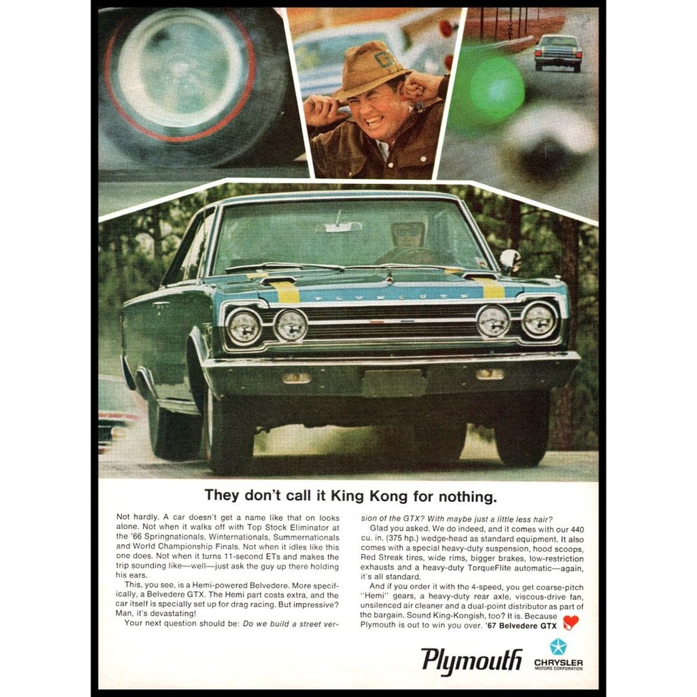 1967 Plymouth Belvedere GTX Couple Vintage Print Ad King Kong Drag Strip Art